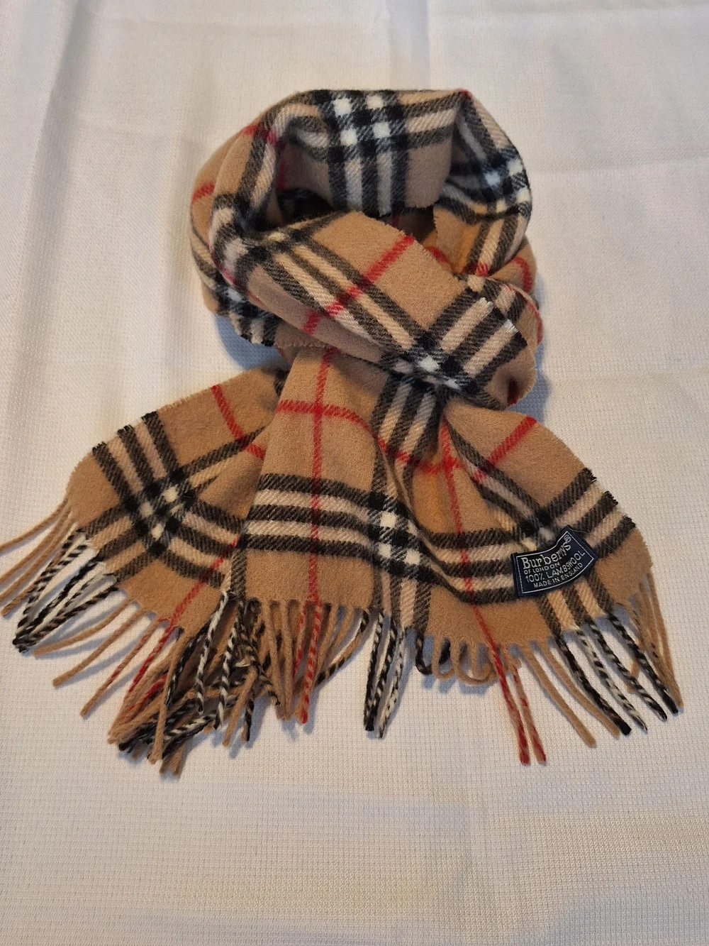 Burberrys 100% Lambswool Tan Plaid Fringe Scarf for Men